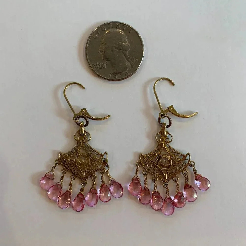 Handmade Pink Tourmaline Gold Vermeil Fan-Shaped Drop Earrings Bespoke Jewelry - Picture 4 of 5